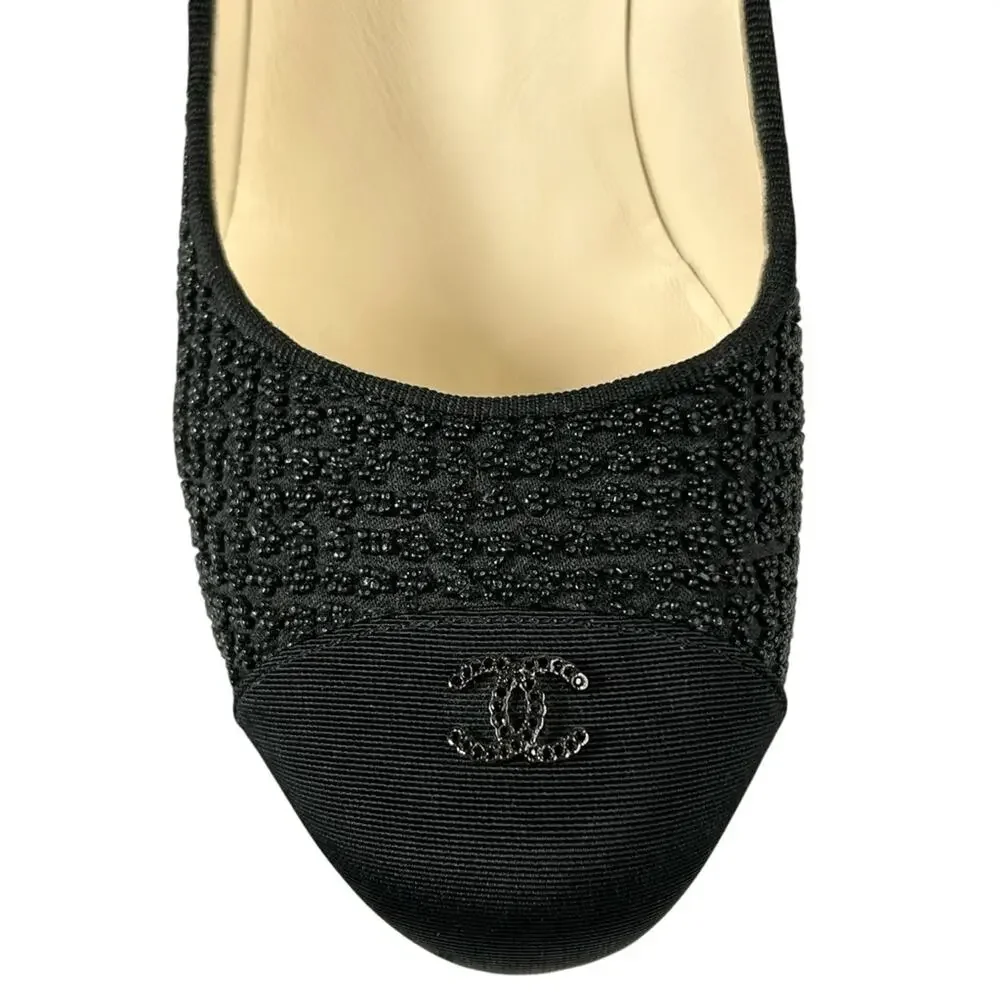 CHANEL Beaded Cap Toe Interlocking CC Black Pumps
